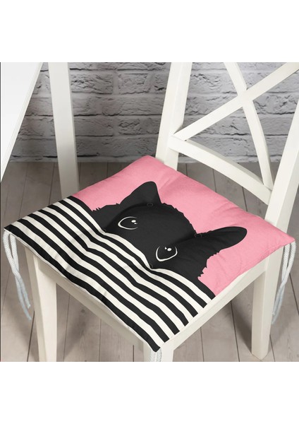 Pembe Zemin Çizgili Motif Kara Kedi Tasarımlı Modern Pofidik Sandalye Minderi