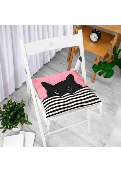 Pembe Zemin Çizgili Motif Kara Kedi Tasarımlı Modern Pofidik Sandalye Minderi fiyatları
