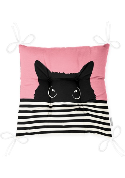 Pembe Zemin Çizgili Motif Kara Kedi Tasarımlı Modern Pofidik Sandalye Minderi modelleri