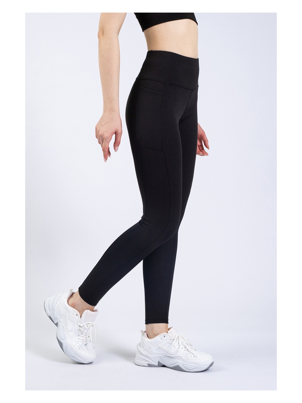 The Step Sports Kadın Siyah Cepli Fitilli Yüksek Bel Spor Tayt 25"