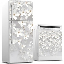 Sticker Art Buzdolabı ve Bulaşık Makinası Beyaz Eşya Sticker Kaplama 3D Beyaz Yapraklar