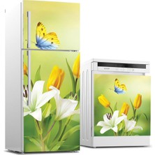 Sticker Art Buzdolabı ve Bulaşık Makinası Beyaz Eşya Sticker Kaplama Sarı Lale Kelebek