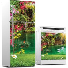 Sticker Art Buzdolabı ve Bulaşık Makinası Beyaz Eşya Sticker Kaplama Göl Çiçek