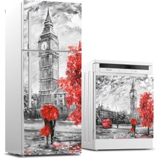 Sticker Art Buzdolabı ve Bulaşık Makinası Beyaz Eşya Sticker Kaplama Saat Kulesi Yağlıboya