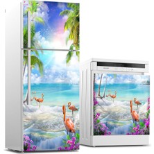 Sticker Art Buzdolabı ve Bulaşık Makinası Beyaz Eşya Sticker Kaplama Sahil Flamingo