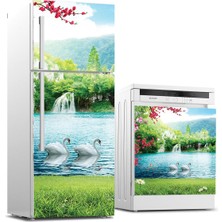 Sticker Art Buzdolabı ve Bulaşık Makinası Beyaz Eşya Sticker Kaplama Şelale Kuğu