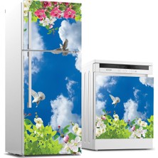 Sticker Art Buzdolabı ve Bulaşık Makinası Beyaz Eşya Sticker Kaplama Çiçek Gökyüzü