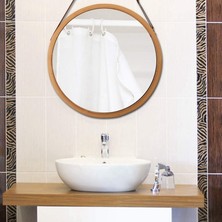Banyo ve  Içinde Yuvarlak Duvar Aynası Asılıyatak Odası Katı Bambu Çerçeve ve ayarlanabilir Deri Kayışı | Banyo Aynaları