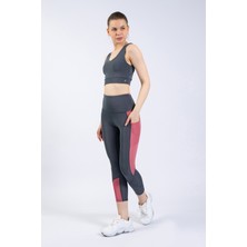 The Step Sports Partly Kadın Gri-Gül Kurusu Cepli Yüksek Bel Toparlayıcı, Sıkılaştırıcı Yoga Tayt 21"