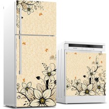 Sticker Art Buzdolabı ve Bulaşık Makinası Beyaz Eşya Sticker Kaplama Bej Çiçekler