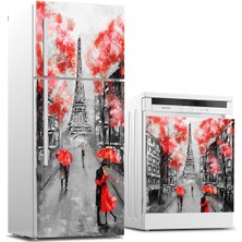 Sticker Art Buzdolabı ve Bulaşık Makinası Beyaz Eşya Sticker Kaplama Eyfel Kırmızı Yağlıboya
