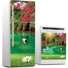 Sticker Art Buzdolabı ve Bulaşık Makinası Beyaz Eşya Sticker Kaplama Göl Papatya