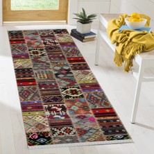 Decoser Halı Dekoratif Kilim Makinada Yıkanabilir Dijital Baskılı Renkli Etnik Desenli Kaymaz Tabanlı Salon Koridor Mutfak Halısı NOVA-4015