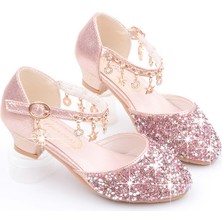 Kızlar Yüksek Topuklu Pullu Prenses Ayakkabıları Öğrenci Performans Ayakkabıları Toe Sandalet