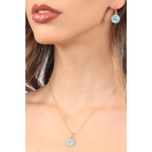 Labalaba Kadın Altın Renk Kaplama Turkuaz Renk Mineli Papatya Model Ince Zincir Kolye & Küpe Set