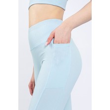 Kadın Mavi Cepli Fitilli Yüksek Bel Spor Tayt 25"