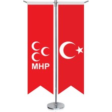Asilmeydan Milliyetçi Hareket Partisi(Mhp)Kırmızı Bayrağı ve Türkiye -Kırlangıç -Saten T Direk 2li Masa Bayrağı