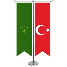 Asilmeydan Adige Cumhuriyeti Bayrağı ve Türkiye -Kırlangıç - Saten T Direk 2li Masa Bayrağı