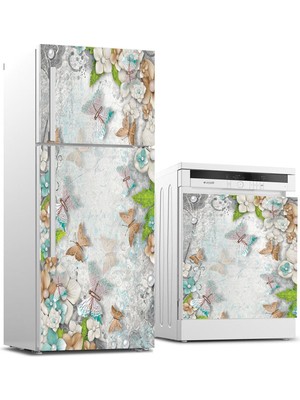 Sticker Art Buzdolabı ve Bulaşık Makinası Beyaz Eşya Sticker Kaplama 3D Çiçek Kelebek