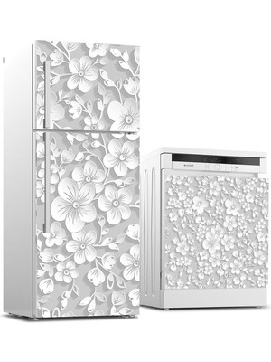 Sticker Art Buzdolabı ve Bulaşık Makinası Beyaz Eşya Sticker Kaplama 3D Gri Çiçek