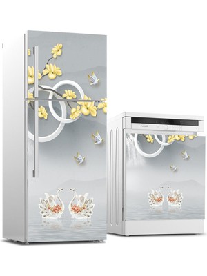 Sticker Art Buzdolabı ve Bulaşık Makinası Beyaz Eşya Sticker Kaplama 3D Kuğu