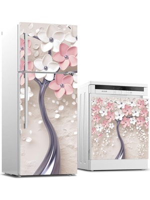 Sticker Art Buzdolabı ve Bulaşık Makinası Beyaz Eşya Sticker Kaplama 3D Pembe Ağaç