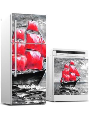 Sticker Art Buzdolabı ve Bulaşık Makinası Beyaz Eşya Sticker Kaplama Kırmızı Yelken Yağlıboya