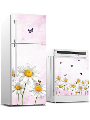 Sticker Art Buzdolabı ve Bulaşık Makinası Beyaz Eşya Sticker Kaplama Papatya Kelebek