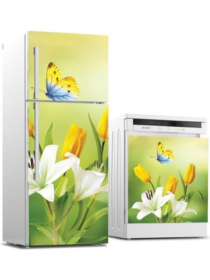 Sticker Art Buzdolabı ve Bulaşık Makinası Beyaz Eşya Sticker Kaplama Sarı Lale Kelebek