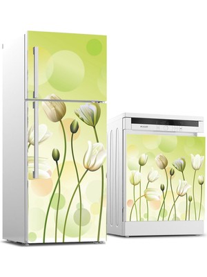 Sticker Art Buzdolabı ve Bulaşık Makinası Beyaz Eşya Sticker Kaplama Yeşil Çiçek
