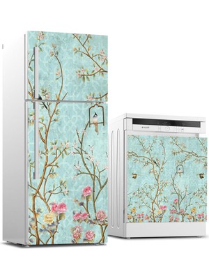 Sticker Art Buzdolabı ve Bulaşık Makinası Beyaz Eşya Sticker Kaplama Küçük Çiçekler Ağaç