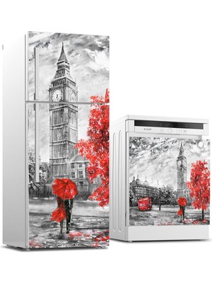 Sticker Art Buzdolabı ve Bulaşık Makinası Beyaz Eşya Sticker Kaplama Saat Kulesi Yağlıboya