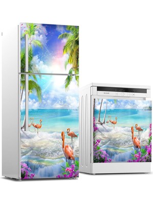 Sticker Art Buzdolabı ve Bulaşık Makinası Beyaz Eşya Sticker Kaplama Sahil Flamingo