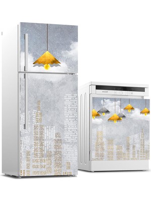 Sticker Art Buzdolabı ve Bulaşık Makinası Beyaz Eşya Sticker Kaplama Şehir Silüet