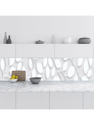 Sticker Art Mutfak Tezgah Arası Folyo Fayans Kaplama Folyosu Beyaz Yapraklar 60X300 cm