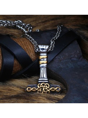 Viking Thor Mjollnir Nordik Iskandinav Işlemeli & Örgü Zincir 316L Erkek Çelik Kolye