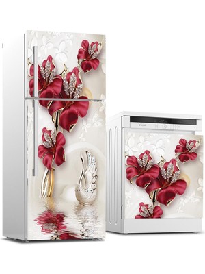 Sticker Art Buzdolabı ve Bulaşık Makinası Beyaz Eşya Sticker Kaplama 3D Kırmızı Gül
