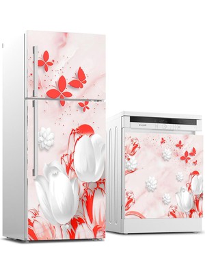 Sticker Art Buzdolabı ve Bulaşık Makinası Beyaz Eşya Sticker Kaplama Çiçek Mermer