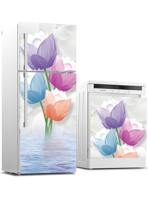 Sticker Art Buzdolabı ve Bulaşık Makinası Beyaz Eşya Sticker Kaplama 3D Renkli Çiçekler