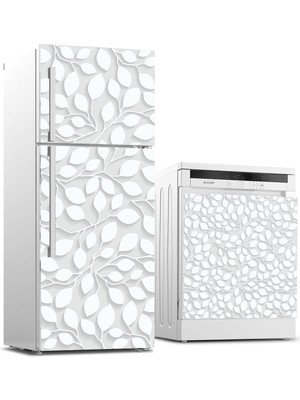 Sticker Art Buzdolabı ve Bulaşık Makinası Beyaz Eşya Sticker Kaplama Beyaz Yapraklar