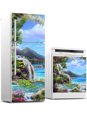 Sticker Art Buzdolabı ve Bulaşık Makinası Beyaz Eşya Sticker Kaplama Göl Çiçekler