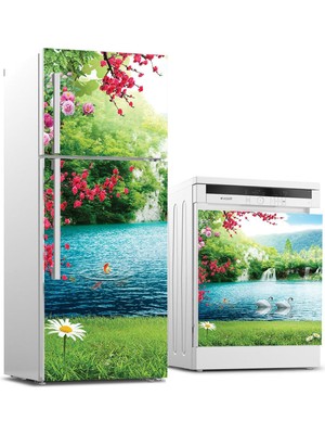 Sticker Art Buzdolabı ve Bulaşık Makinası Beyaz Eşya Sticker Kaplama Şelale Çiçek