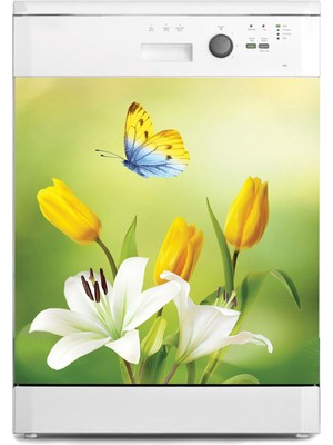 Sticker Art Bulaşık Makinesi Sticker Kaplama Beyaz Eşya Kaplama Sarı Lale Kelebek