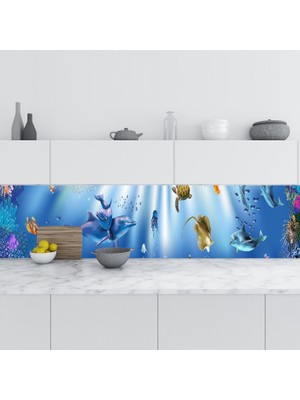 Sticker Art Mutfak Tezgah Arası Folyo Fayans Kaplama Folyosu 3D Akvaryum 60X300 cm