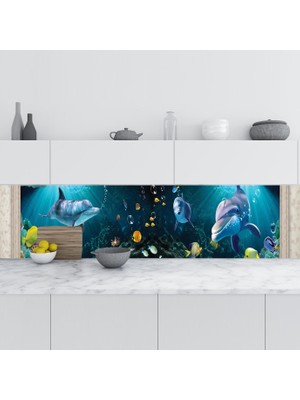Sticker Art Mutfak Tezgah Arası Folyo Fayans Kaplama Folyosu 3D Sualtı Balıklar 60X300 cm