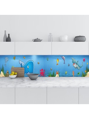 Sticker Art Mutfak Tezgah Arası Folyo Fayans Kaplama Folyosu Balıklar Çizim 60X100 cm