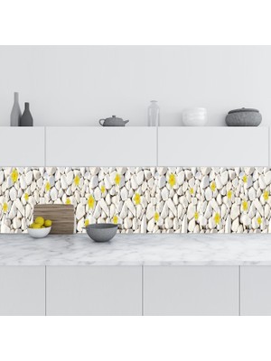 Sticker Art Mutfak Tezgah Arası Folyo Fayans Kaplama Folyosu Beyaz Taşlar Sarı Çiçek 60X400 cm