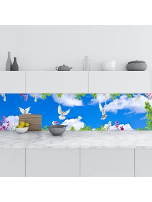 Sticker Art Mutfak Tezgah Arası Folyo Fayans Kaplama Folyosu Gökyüzü Çiçekler 60X400 cm