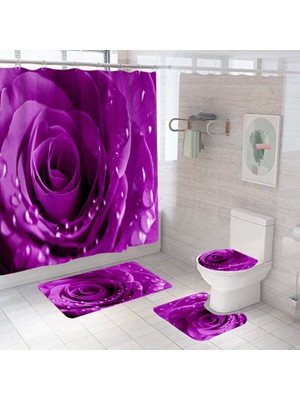 4-Piece Gül Banyo Perdesi Seti, Doğal Çiçekler, Su Geçirmez Polyester Duş Perdesi, Klozet Minder, Kaymaz Banyo Battaniyesi Seti |duş Perdesi(Yurt Dışından)