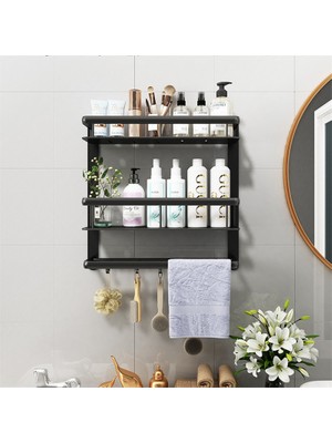 Banyo Siyah Raf Alüminyum Duş Caddy Köşe Rafları Banyo Havlu Raf Havlu Bar Kanca Saç Kurutma Makinesi ile Şampuan Tutucu | Banyo Rafları (40CM)